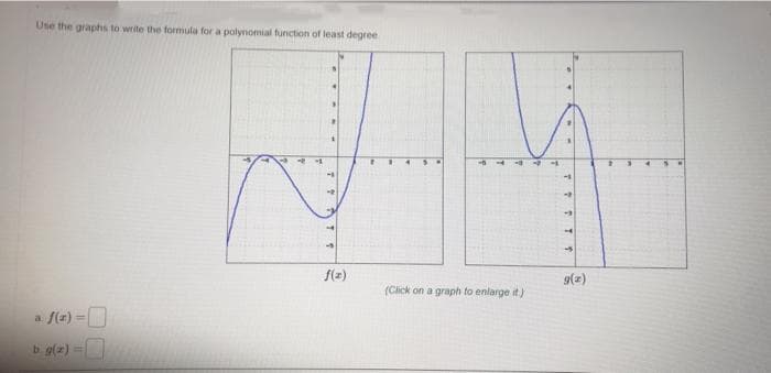 Use the graphs to write the formula for a polynomial function of least degree
f(2)
9(2)
(Click on a graph to enlarge it)
a f(2) =D
%3D
b g(2) =
