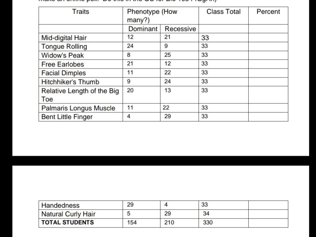 Phenotype (How
many?)
Dominant Recessive
Traits
Class Total
Percent
Mid-digital Hair
Tongue Rolling
Widow's Peak
12
21
33
24
33
8
25
33
Free Earlobes
21
12
33
Facial Dimples
11
22
33
Hitchhiker's Thumb
9
24
33
Relative Length of the Big 20
13
33
Тоe
11
22
33
Palmaris Longus Muscle
Bent Little Finger
4
29
33
Handedness
29
4
33
Natural Curly Hair
29
34
TOTAL STUDENTS
154
210
330
