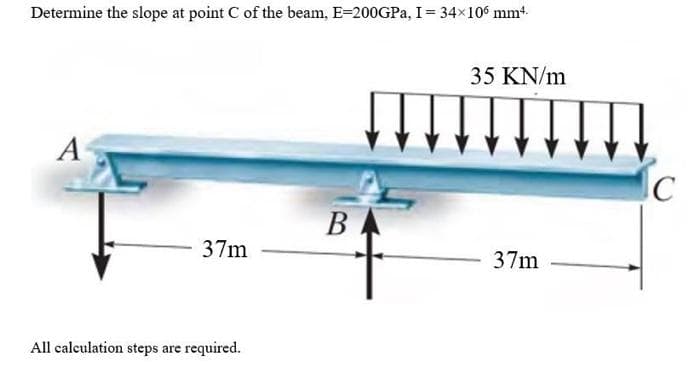Determine the slope at point C of the beam, E=200GPa, I = 34×106 mm².
A
37m
All calculation steps are required.
B
35 KN/m
↓↓↓↓↓↓
37m
C
