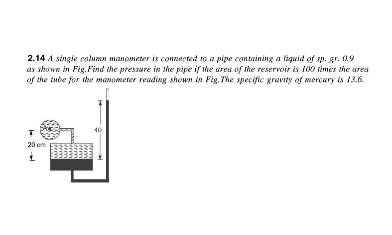 2.14 A single column manometer is connected to a pipe containing a liquid of sp. gr. 0.9
as shown in Fig.Find the pressure in the pipe if the area of the reservoir is 100 times the area
of the tube for the manometer reading shown in Fig.The specific gravity of mercury is 13.6.
40
20 cm
