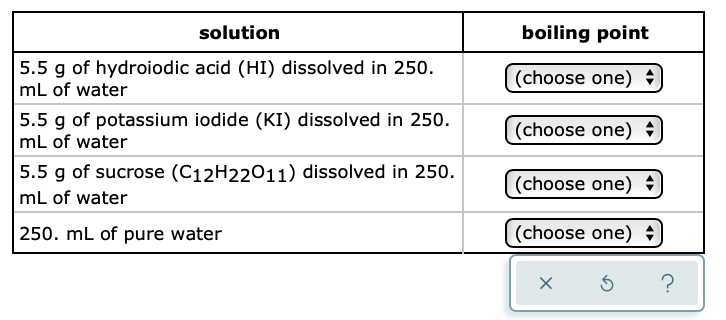 solution
boiling point
5.5 g of hydroiodic acid (HI) dissolved in 250.
mL of water
(choose one)
5.5 g of potassium iodide (KI) dissolved in 250.
mL of water
(choose one)
5.5 g of sucrose (C12H22011) dissolved in 250.
mL of water
(choose one)
250. mL of pure water
(choose one) ÷
?
