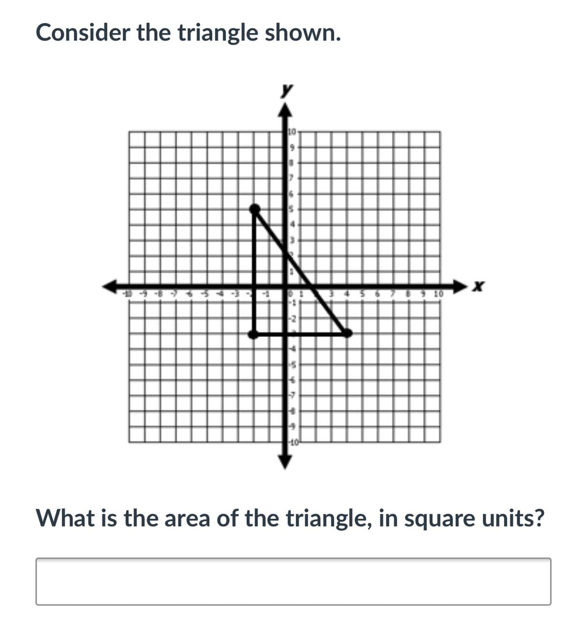 Consider the triangle shown.
What is the area of the triangle, in square units?
