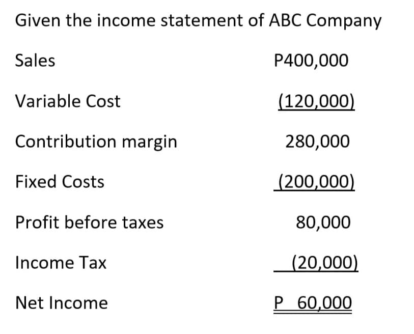 Given the income statement of ABC Company
Sales
P400,000
Variable Cost
(120,000)
Contribution margin
280,000
Fixed Costs
(200,000)
Profit before taxes
80,000
Income Tax
(20,000)
Net Income
P 60,000
