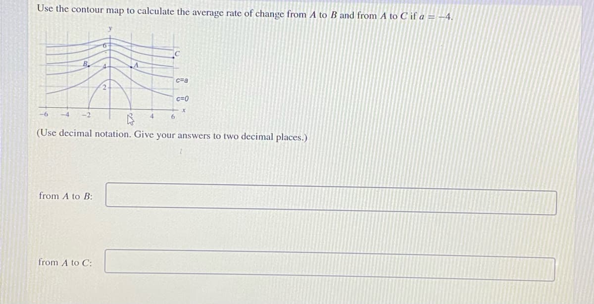 Use the contour map to calculate the average rate of change from A to B and from A to C if a = -4.
B.
4.
C=a
c=0
-6
-4
6.
(Use decimal notation. Give your answers to two decimal places.)
from A to B:
from A to C:
