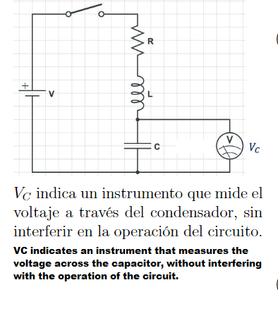 R
Vc
Vc indica un instrumento que mide el
voltaje a través del condensador, sin
interferir en la operación del circuito.
VC indicates an instrument that measures the
voltage across the capacitor, without interfering
with the operation of the circuit.
