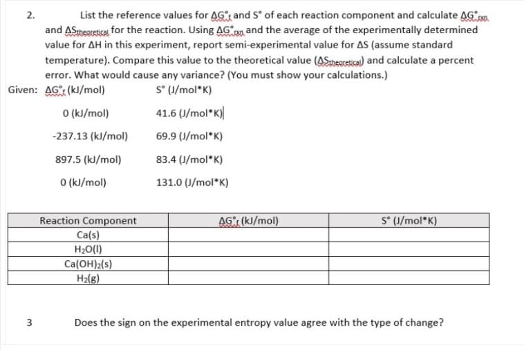 List the reference values for AGr and S° of each reaction component and calculate AG
and ASteoretical for the reaction. Using AG 0g and the average of the experimentally determined
2.
value for AH in this experiment, report semi-experimental value for AS (assume standard
temperature). Compare this value to the theoretical value (AStreoretical) and calculate a percent
error. What would cause any variance? (You must show your calculations.)
Given: AG (kl/mol)
S° (J/mol*K)
O (kl/mol)
41.6 (J/mol*K)
-237.13 (kJ/mol)
69.9 (J/mol*K)
897.5 (kJ/mol)
83.4 (J/mol*K)
O (k//mol)
131.0 (J/mol*K)
AG (kJ/mol)
S° (J/mol*K)
Reaction Component
Ca(s)
H20(1)
Ca(OH)2(s)
H2(g)
3
Does the sign on the experimental entropy value agree with the type of change?

