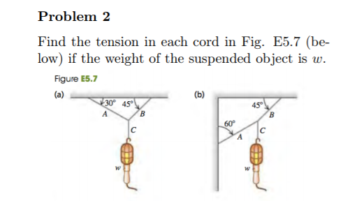 Problem 2
Find the tension in each cord in Fig. E5.7 (be-
low) if the weight of the suspended object is w.
Figure E5.7
(a)
(b)
30 45°
45°
B
A
B.
60°
C
