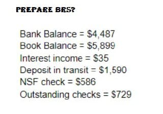 PREPARE BRS?
Bank Balance = $4,487
Book Balance = S$5,899
Interest income = $35
Deposit in transit = $1,590
NSF check = $586
%3D
Outstanding checks = $729
