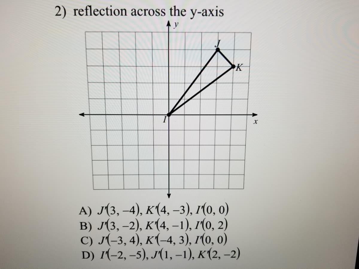 2) reflection across the y-axis
K
A) J(3, -4), к (4, -3), I/(о, о)
в) /'3, -2), к (4, -1), г(о, 2)
C) J(-3, 4), K(-4, 3), I'(0, 0)
D) 1(-2, –5), J'(1, –1), K(2, –2)
