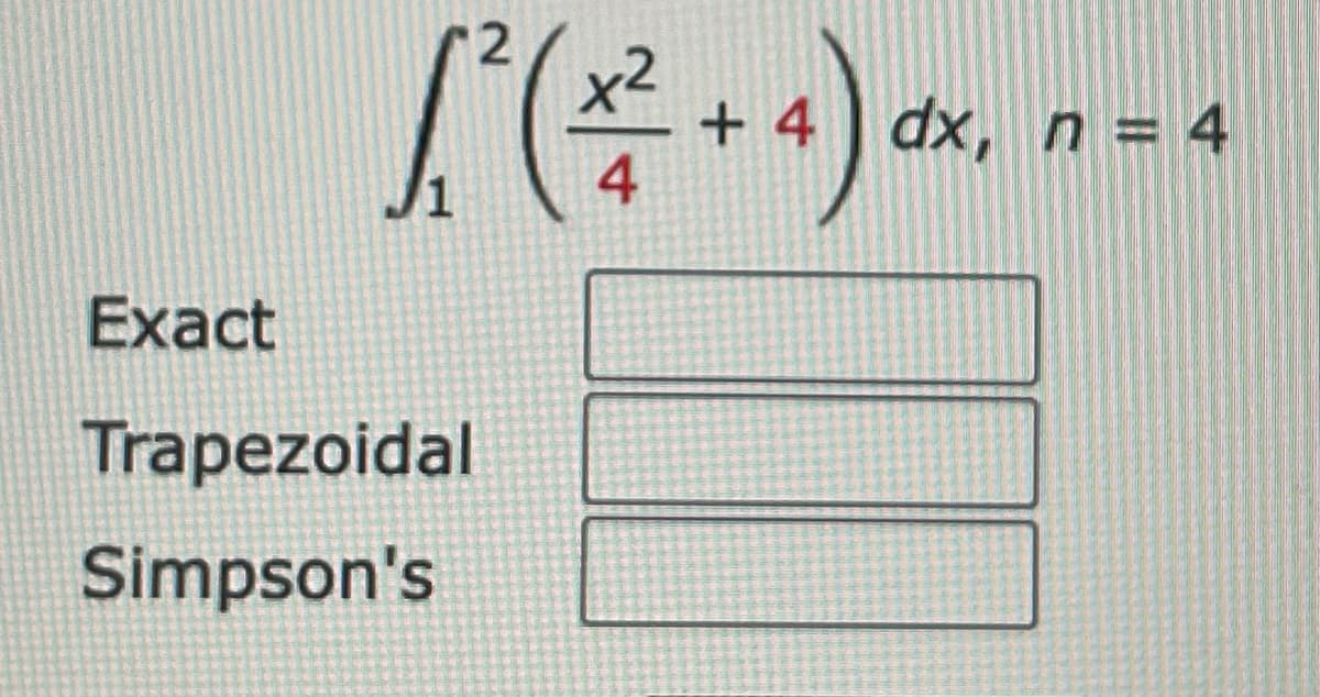 + 4 dx, n = 4
4
Exact
Trapezoidal
Simpson's
