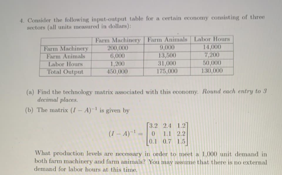 4. Consider the following input-output table for a certain economy consisting of three
sectors (all units measured in dollars):
Farm Machinery Farm Animals Labor Hours
9,000
200,000
14,000
Farm Machinery
Farm Animals
13,500
31,000
175,000
7,200
50,000
130,000
6,000
Labor Hours
1,200
Total Output
450,000
(a) Find the technology matrix associated with this economy. Round cach entry to 3
decimal places.
(b) The matrix (I – A)-1 is given by
[3.2 2.4 1.2]
(I – A)-! =
1.1 2.2
%3D
0.1 0.7 1.5
What production levels are necessary in order to meet a 1,000 unit demand in
both farm machinery and farm animals? You may assume that there is no external
demand for labor hours at this time.
