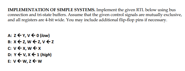 IMPLEMENTATION OF SIMPLE SYSTEMS. Implement the given RTL below using bus
connection and tri-state buffers. Assume that the given control signals are mutually exclusive,
and all registers are 4-bit wide. You may include additional flip-flop pins if necessary.
A: z+Y, VE0 (low)
B: X+z, w z, v€ z
C: v€x, w x
D: YEV, XE1 (high)
E: vEw, zE w
