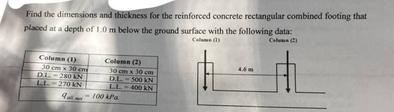 Find the dimensions and thickness for the reinforced concrete rectangular combined footing that
placed at a depth of 1.0 m below the ground surface with the following data:
Column (1)
Column ()
Column (1)
30 cm x 30 cm
D.L. = 280 KN
L.L.-270 KN
9all.net <<-100
Column (2)
30 cm x 30 cm
D.L. => 500 KN
L.L.400 kN
kPa.
4.6 m