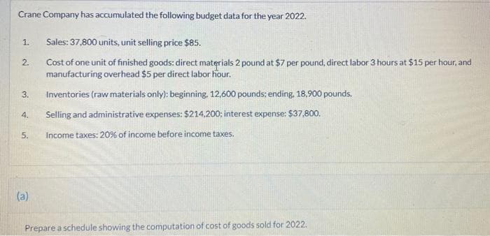 Crane Company has accumulated the following budget data for the year 2022.
1.
Sales: 37,800 units, unit selling price $85.
2.
Cost of one unit of finished goods: direct materials 2 pound at $7 per pound, direct labor 3 hours at $15 per hour, and
manufacturing overhead $5 per direct labor hour.
3.
Inventories (raw materials only): beginning, 12,600 pounds; ending, 18,900 pounds.
4.
Selling and administrative expenses: $214,200; interest expense: $37,800.
5.
Income taxes: 20% of income before income taxes.
(a)
Prepare a schedule showing the computation of cost of goods sold for 2022.

