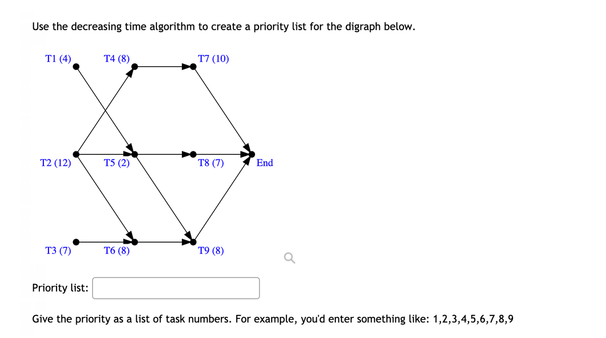 Use the decreasing time algorithm to create a priority list for the digraph below.
T1 (4)
T4 (8)
T7 (10)
T2 (12)
T5 (2)
T8 (7)
End
ТЗ (7)
Т6 (8)
Т9 (8)
Priority list:
Give the priority as a list of task numbers. For example, you'd enter something like: 1,2,3,4,5,6,7,8,9
