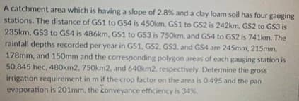 A catchment area which is having a slope of 2.8% and a clay loam soil has four gauging
stations. The distance of GS1 to GS4 is 450km, GS1 to GS2 is 242km, GS2 to GS3 is
235km, GS3 to GS4 is 486km, GS1 to GS3 is 750km, and GS4 to GS2 is 741km. The
rainfall depths recorded per year in GS1, GS2, GS3, and GS4 are 245mm, 215mm,
178mm, and 150mm and the corresponding polygon areas of each gauging station is
50,845 hec, 480km2, 750km2, and 640km2, respectively. Determine the gross
irrigation requirement in m if the crop factor on the area is 0.495 and the pan
evaporation is 201mm, the konveyance efficiency is 34%.
