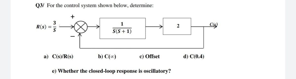 Q3/ For the control system shown below, determine:
R(S) =
3
S
1
S(S + 1)
a) C(s)/R(s)
b) C(0)
c) Offset
e) Whether the closed-loop response is oscillatory?
+
2
d) C(0.4)
C(s)