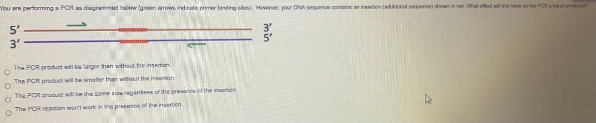 You are performing a PCR as diagrammed below (green arrows indicate primer binding sites). However, your DNA sequence contains an insertion (additional sequence) shown in red. What effect will this have on the PCR product produced?
5'
3'
3'
5'
The PCR product will be larger than without the insertion.
The PCR product will be smaller than without the insertion.
The PCR product will be the same size regardless of the presence of the insertion.
The PCR reaction won't work in the presence of the insertion.
