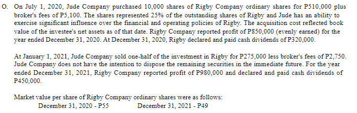 O. On July 1, 2020, Jude Company purchased 10,000 shares of Rigby Company ordinary shares for P510,000 plus
broker's fees of P5,100. The shares represented 25% of the outstanding shares of Rigby and Jude has an ability to
exercise significant influence over the financial and operating policies of Rigby. The acquisition cost reflected book
value of the investee's net assets as of that date. Rigby Company reported profit of PS50,000 (evenly earned) for the
year ended December 31, 2020. At December 31, 2020, Rigby declared and paid cash dividends of P320,000.
At January 1, 2021, Jude Company sold one-half of the investment in Rigby for P275,000 less broker's fees of P2,750.
Jude Company does not have the intention to dispose the remaining securities in the immediate future. For the year
ended December 31, 2021, Rigby Company reported profit of P980,000 and declared and paid cash dividends of
P450,000.
Market value per share of Rigby Company ordinary shares were as follows:
December 31, 2020-P55
December 31, 2021 - P49