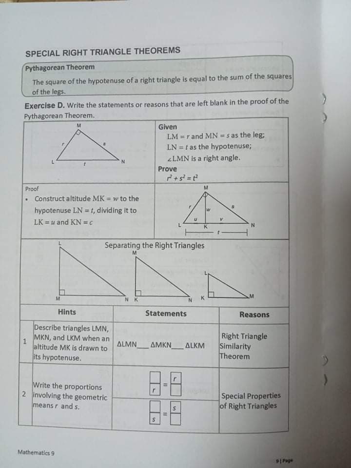 SPECIAL RIGHT TRIANGLE THEOREMS
Pythagorean Theorem
The square of the hypotenuse of a right triangle is equal to the sum of the squares
of the legs.
Exercise D. Write the statements or reasons that are left blank in the proof of the
Pythagorean Theorem.
M.
Given
LM = rand MN = s as the leg;
LN = t as the hypotenuse;
2LMN is a right angle.
%3D
L
N.
Prove
Proof
M
Construct altitude MK = w to the
%3D
hypotenuse LN =t, dividing it to
LK = u and KN = c
%3D
%3D
K.
N.
Separating the Right Triangles
M
M
Hints
Statements
Reasons
Describe triangles LMN,
MKN, and LKM when an
altitude MK is drawn to
its hypotenuse.
Right Triangle
Similarity
Theorem
ALMN_AMKN_
ALKM
Write the proportions
2 involving the geometric
日日
Special Properties
of Right Triangles
means r and s.
Mathematics 9
9 Page
