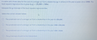 A scatter plot shows data for the cost of a vintage car from a dealership (y in dollars) in the year a years since 1990. The
least squares regression line is given by y-25,000 + 500z.
Interpret the y intercept of the least squares regression line.
Select the correct answer below
O The predicted cost of a vintage car from a dealership in the year is 820.000
O The predicted cost of a vintage car from a dealershpin the year 1090 is 85,000.
O The predicted cost of a vintage car from a dealershp in the year 1990 is sse.
The yintercept should not be interpreted.
