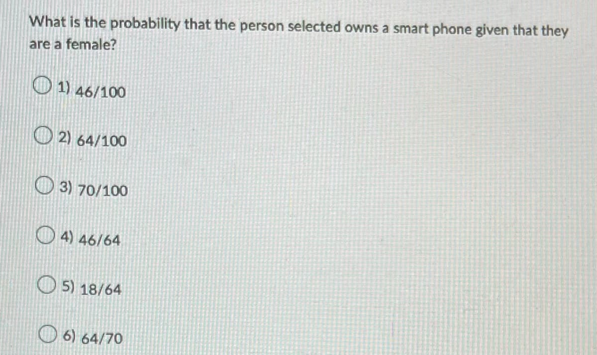 What is the probability that the person selected owns a smart phone given that they
are a female?
1) 46/100
2) 64/100
3) 70/100
4) 46/64
5) 18/64
6) 64/70