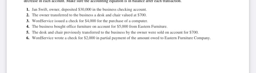 decrease in each account. Make sure the accounting equation is in balance after each transaction.
1. Jan Swift, owner, deposited $30,000 in the business checking account.
2. The owner transferred to the business a desk and chair valued at $700.
3. WordService issued a check for $4,000 for the purchase of a computer.
4. The business bought office furniture on account for $5,000 from Eastern Furniture.
5. The desk and chair previously transferred to the business by the owner were sold on account for $700.
6. WordService wrote a check for $2,000 in partial payment of the amount owed to Eastern Furniture Company.
