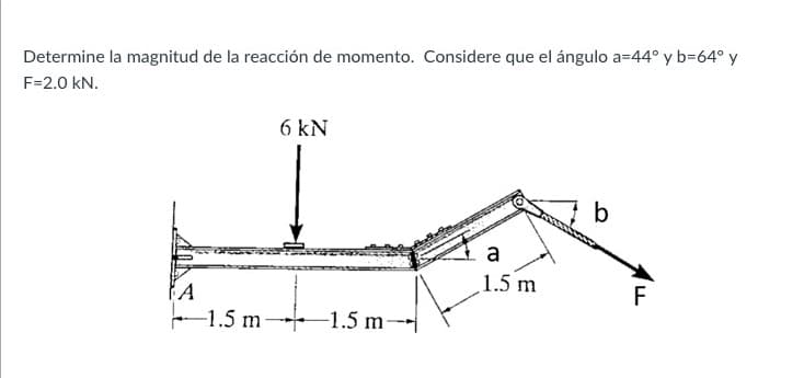 Determine la magnitud de la reacción de momento. Considere que el ángulo a=44° y b=64° y
F=2.0 kN.
6 kN
b
a
1.5 m
F
-1.5 m
-1.5 m
