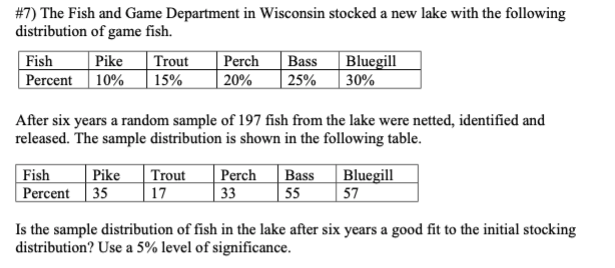 #7) The Fish and Game Department in Wisconsin stocked a new lake with the following
distribution of game fish.
Pike
10%
Fish
Trout
Bass
Bluegill
30%
|Perch
Percent
15%
| 20%
| 25%
After six years a random sample of 197 fish from the lake were netted, identified and
released. The sample distribution is shown in the following table.
Pike
Fish
Percent 35
Trout
17
Perch
| Bass
Bluegill
57
33
55
Is the sample distribution of fish in the lake after six years a good fit to the initial stocking
distribution? Use a 5% level of significance.
