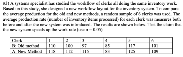 #3) A systems specialist has studied the workflow of clerks all doing the same inventory work.
Based on this study, she designed a new workflow layout for the inventory system. To compare
the average production for the old and new methods, a random sample of 6 clerks was used. The
average production rate (number of inventory items processed) for each clerk was measures both
before and after the new system was introduced. The results are shown below. Test the claim that
the new system speeds up the work rate (use a = 0.05)
Clerk
B: Old method
A: New Method
4
85
3
97
2
110
100
117
101
118
112
115
83
125
109
