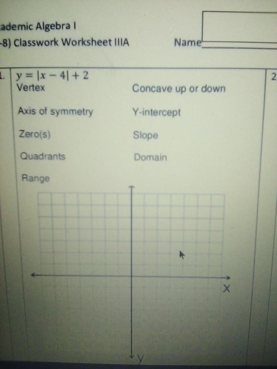 ademic Algebral
-8) Classwork Worksheet IIIA
Name
1y |x-4|+ 2
Vertex
Concave up or down
Axis of symmetry
Y-intercept
Zero(s)
Slope
Quadrants
Domain
Range
