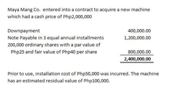 Maya Mang Co. entered into a contract to acquire a new machine
which had a cash price of Php2,000,000
Downpayment
400,000.00
Note Payable in 3 equal annual installments
200,000 ordinary shares with a par value of
1,200,000.00
Php25 and fair value of Php40 per share
800,000.00
2,400,000.00
Prior to use, installation cost of Php50,000 was incurred. The machine
has an estimated residual value of Php100,000.
