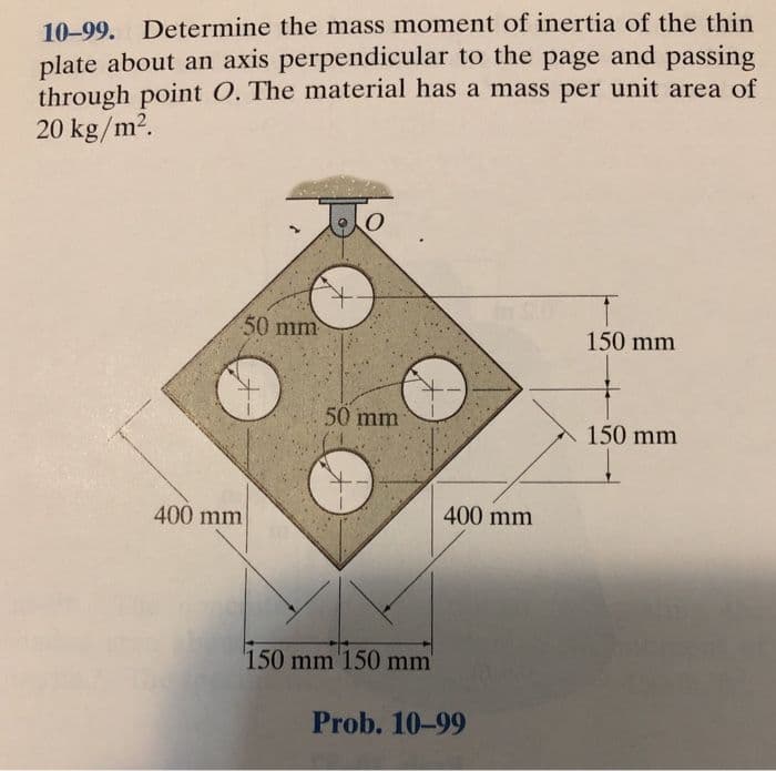 10-99. Determine the mass moment of inertia of the thin
plate about an axis perpendicular to the page and passing
through point O. The material has a mass per unit area of
20 kg/m2.
50 mm
150 mm
50 mm
150 mm
400 mm
400 mm
150 mm '150 mm'
Prob. 10-99
