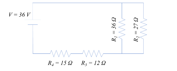 V = 36 V
wwww
R4 = 15 Q
R3 = 12 Q
O 9E = '
R, = 27 2
