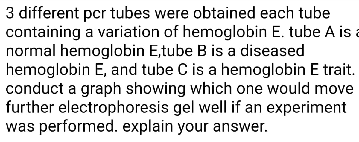 3 different pcr tubes were obtained each tube
containing a variation of hemoglobin E. tube A is a
normal hemoglobin E,tube B is a diseased
hemoglobin E, and tube C is a hemoglobin E trait.
conduct a graph showing which one would move
further electrophoresis gel well if an experiment
was performed. explain your answer.