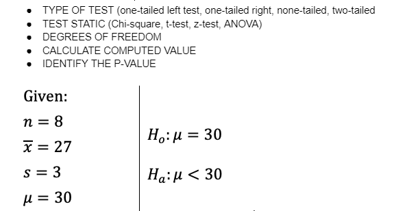 • TYPE OF TEST (one-tailed left test, one-tailed right, none-tailed, two-tailed
• TEST STATIC (Chi-square, t-test, z-test, ANOVA)
• DEGREES OF FREEDOM
• CALCULATE COMPUTED VALUE
• IDENTIFY THE P-VALUE
Given:
n = 8
H.:µ = 30
X = 27
I|
s = 3
Ha:µ < 30
H = 30
