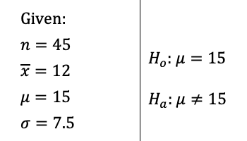 Given:
n = 45
x = 12
H.: µ = 15
%3D
µ = 15
Ha: H # 15
o = 7.5
