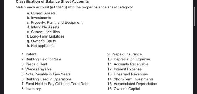 Classification of Balance Sheet Accounts
Match each account (#1 to#16) with the proper balance sheet category:
a. Current Assets
b. Investments
c. Property, Plant, and Equipment
d. Intangible Assets
e. Current Liabilities
f. Long-Term Liabilities
g. Owner's Equity
h. Not applicable
9. Prepaid Insurance
10. Depreciation Expense
1. Patent
2. Building Held for Sale
3. Prepaid Rent
11. Accounts Receivable
12. Interest Expense
4. Wages Payable
5. Note Payable in Five Years
6. Building Used in Operations
7. Fund Held to Pay Off Long-Term Debt
8. Inventory
13. Unearned Revenues
14. Short-Term Investments
15. Accumulated Depreciation
16. Owner's Capital
