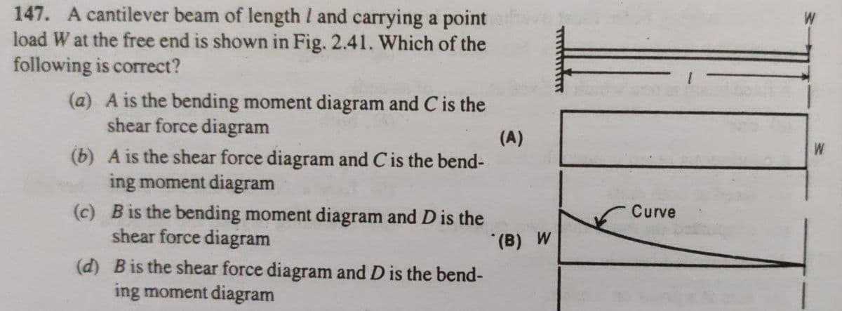 147. A cantilever beam of length l and carrying a point
load W at the free end is shown in Fig. 2.41. Which of the
following is correct?
(a) A is the bending moment diagram and C is the
shear force diagram
(A)
(b) A is the shear force diagram and C is the bend-
ing moment diagram
(c) Bis the bending moment diagram and D is the
shear force diagram
(d) Bis the shear force diagram and D is the bend-
ing moment diagram
Curve
