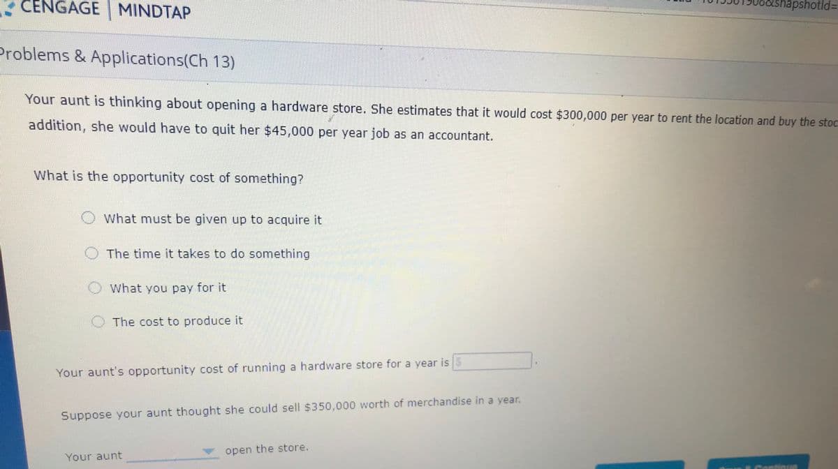 CENGAGE MINDTAP
isnapshotld%3D
Problems & Applications(Ch 13)
Your aunt is thinking about opening a hardware store. She estimates that it would cost $300,000 per year to rent the location and buy the stoc
addition, she would have to quit her $45,000 per year job as an accountant.
What is the opportunity cost of something?
OWhat must be given up to acquire it
The time it takes to do something
What you pay for it
O The cost to produce it
Your aunt's opportunity cost of running a hardware store for a year is
Suppose your aunt thought she could sell $350,000 worth of merchandise in a year.
open the store.
Your aunt
antinue
%24
