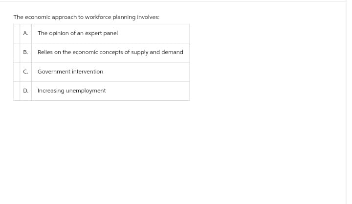 The economic approach to workforce planning involves:
A. The opinion of an expert panel
B. Relies on the economic concepts of supply and demand
C.
Government intervention
D. Increasing unemployment
