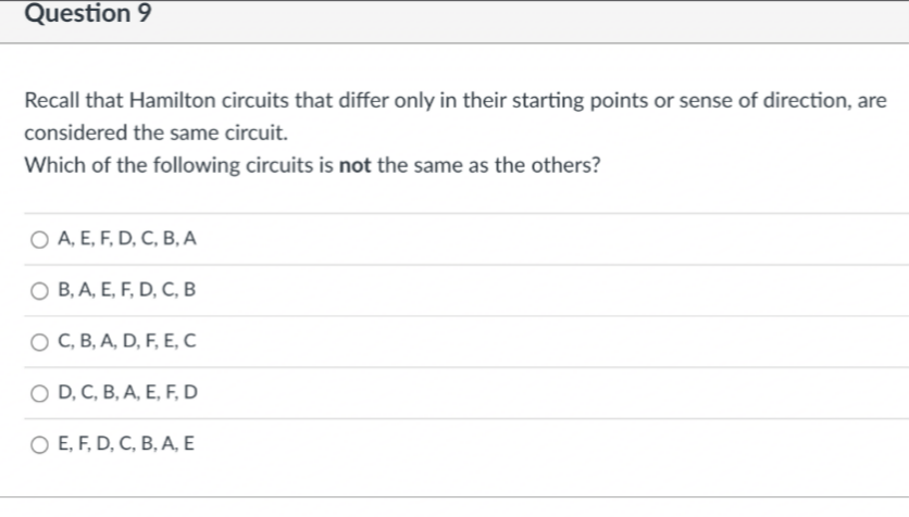 Question 9
Recall that Hamilton circuits that differ only in their starting points or sense of direction, are
considered the same circuit.
Which of the following circuits is not the same as the others?
O A, E, F, D, C, B, A
O B, A, E, F, D, C, B
O C, B, A, D, F, E, C
O D, C, B, A, E, F, D
O E, F, D, C, B, A, E
