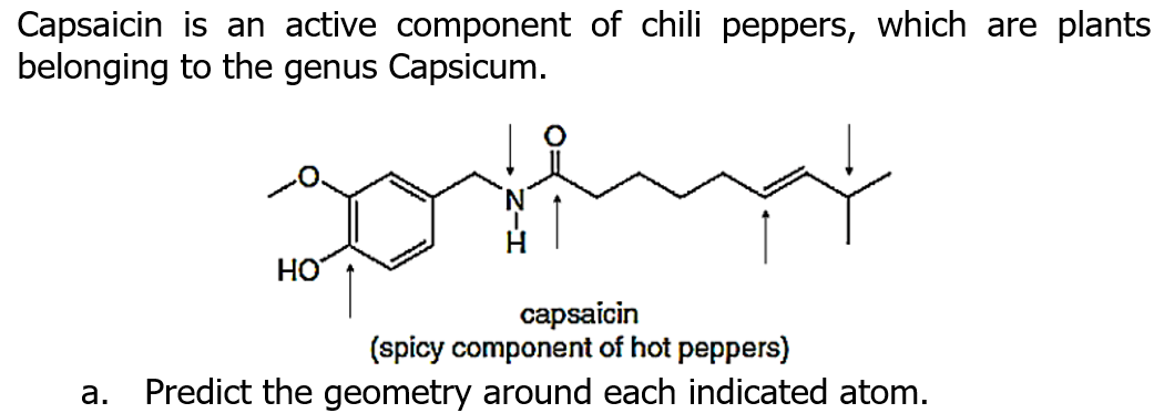 Capsaicin is an active component of chili peppers, which are plants
belonging to the genus Capsicum.
HO
capsaicin
(spicy component of hot peppers)
Predict the geometry around each indicated atom.
а.

