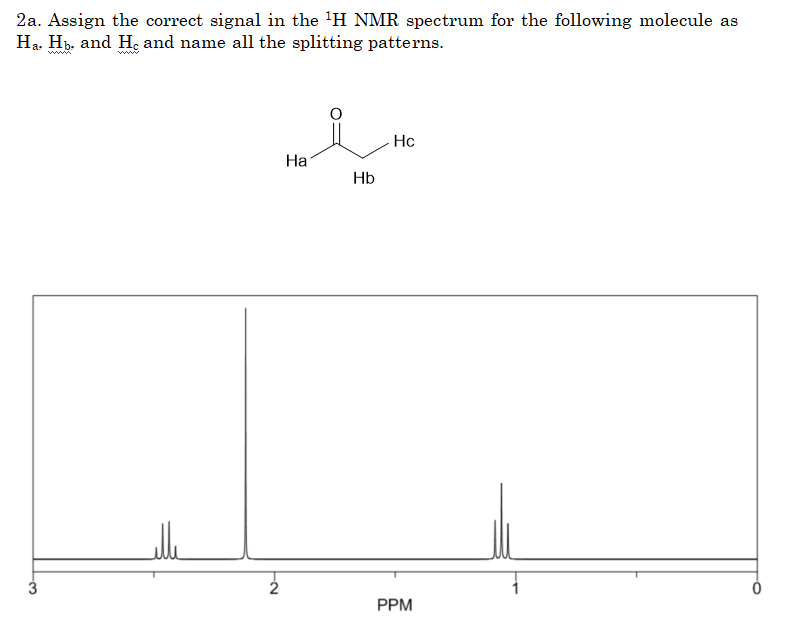 2a. Assign the correct signal in the 'H NMR spectrum for the following molecule as
Ha. Hp. and He and name all the splitting patterns.
ww
Hc
На
Hb
3
2
PPM
