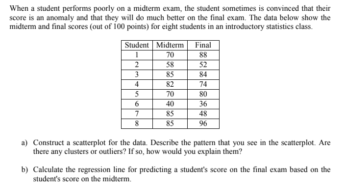 When a student performs poorly on a midterm exam, the student sometimes is convinced that their
score is an anomaly and that they will do much better on the final exam. The data below show the
midterm and final scores (out of 100 points) for eight students in an introductory statistics class.
Student Midterm
Final
1
70
88
2
58
52
3
85
84
4
82
74
5
70
80
40
36
7
85
48
8
85
96
a) Construct a scatterplot for the data. Describe the pattern that you see in the scatterplot. Are
there any clusters or outliers? If so, how would you explain them?
b) Calculate the regression line for predicting a student's score on the final exam based on the
student's score on the midterm.
