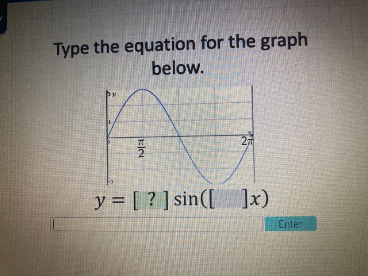 Type the equation for the graph
below.
27
2
y = [ ? ] sin([ ]x)
Enter
