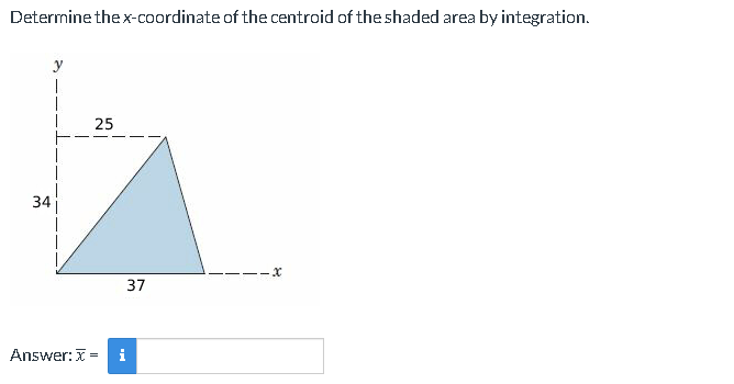 Determine the x-coordinate of the centroid of the shaded area by integration.
I
34
25
Answer: x=
i
37
X