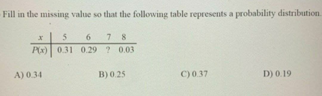 Fill in the missing value so that the following table represents a probability distribution.
X
5
6 7
8
P(x) 0.31 0.29 ? 0.03
A) 0.34
B) 0.25
C) 0.37
D) 0.19