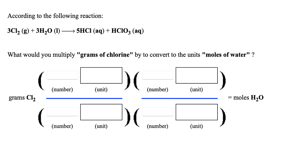 According to the following reaction:
3C12 (g) + 3H,O (1)
— 5HCI (аq) + HСІО; (аq)
What would you multiply "grams of chlorine" by to convert to the units "moles of water" ?
(number)
(unit)
(number)
(unit)
grams Cl2
= moles H20
(number)
(unit)
(number)
(unit)
