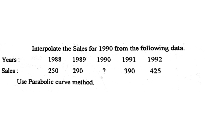 Interpolate the Sales for 1990 from the following data.
Years :
1988
1989
1990
1991
1992
Sales :
250
290
?
390
425
Use Parabolic curve method.
